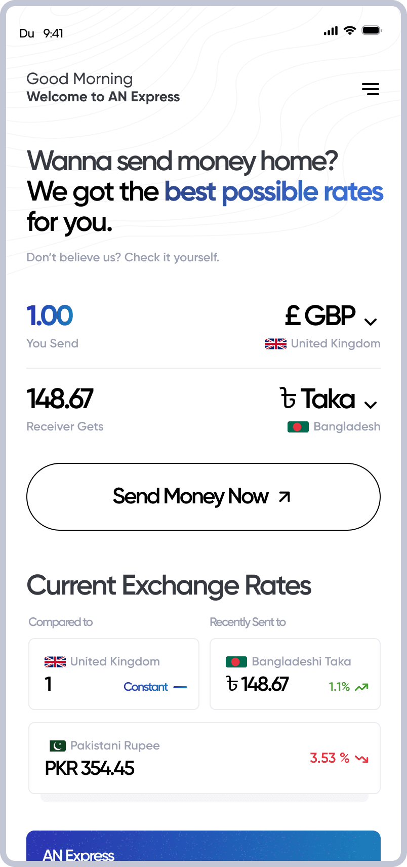 AN Express send money screen