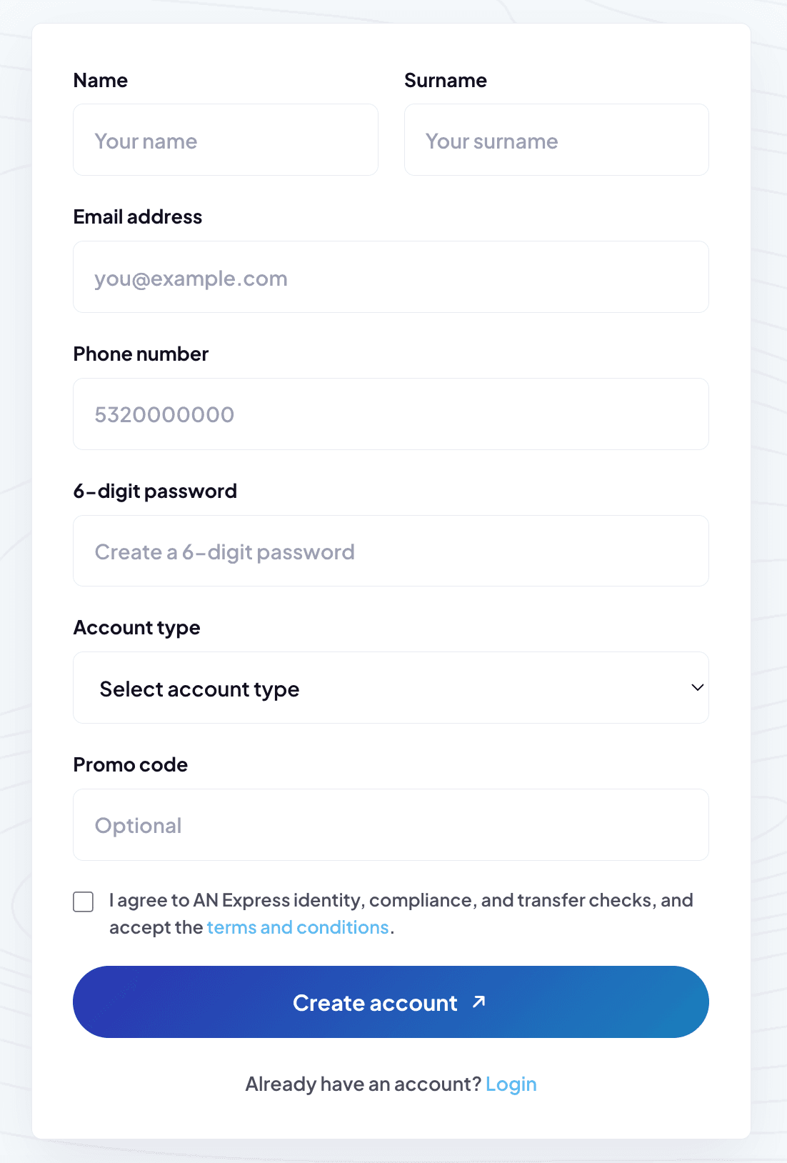 Create an AN Express account form